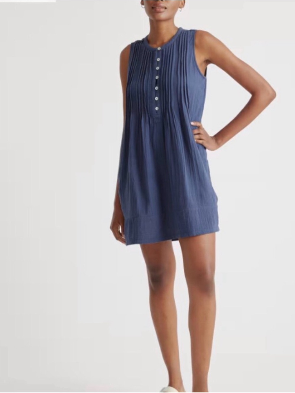 Quince Navy Pintuck Button-Front Sleeveless Dress